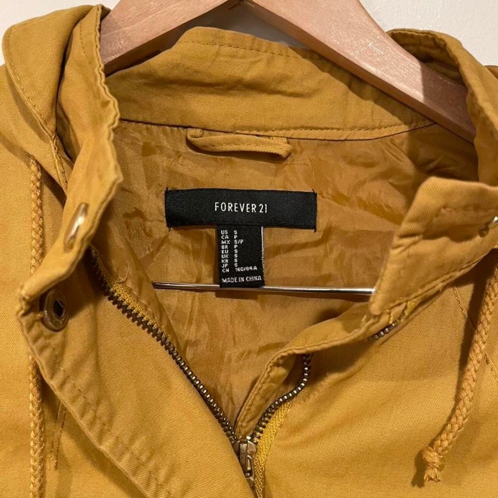 Forever 21 Women's S Utility Jacket Mustard Yellow Hooded Anorak Parka Cotton‎ - Picture 4 of 7